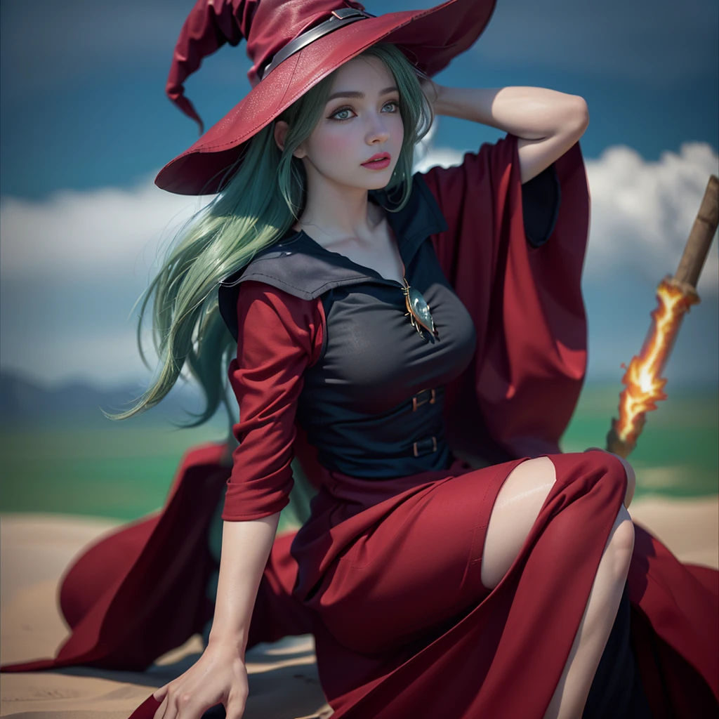 ((FOTOGRAFIA REALISTA)) (8k, Foto RAW, melhor qualidade, senhor:1.2), (Realistic, photo-Realistic:2), SEIOS FARTOS, SEIOS GRANDE, PEITO GRANDE, SEIOS QUENTES, ((ULTRA HIGH DEFINITION)), ((QUALIDADE 4K)), ((MUITO DETALHADO)), ((TEXTURA SONY a7s)), Feiticeira de cabelo verde montada na vassoura, ((vestimenta de seda)), ((estilo LUXO)), ((ROSTO ANGELICAL PERFEITO)), ((TATUAGENS NAS BOCHECHAS)), ((deserto)), ((energy flares)), ((pano de fundo montanha)), ((pano de fundo tempestado, raios)), ((VESTIMENTA VERMELHA)), NO EXTRA ARMS, JUST TWO ARMS, ((witch's hat))