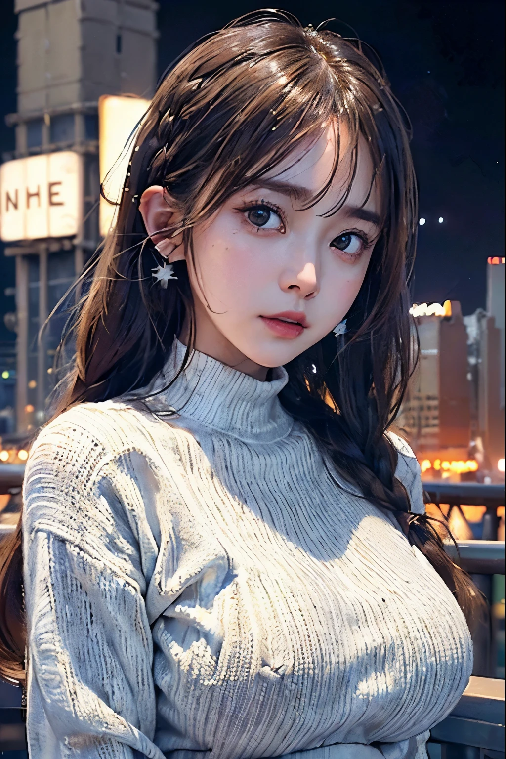 (1 female:1.1)、8K、Light Brown Fringe Hair、The long-haired、Braided hair、disheveled hair、Light brown eyes、(dignified expression)、(爆乳:1.5)、Photorealsitic、(Shadow:1.1)、(intricate detailes:1.2)、(masutepiece、:1.3)、(top-quality:1.4)、(超A high resolution:1.2)、超A high resolution、(A detailed eye)、(detailed facial features)、(The face of the golden ratio:1.2)、(White sweater:1.6), (nighttime scene:1.4)、(highrise buildings:1.4)、(Blurry neon lights:1.4)、(facing the front there:1.3)、(Detailed ears:1.2)、(The background is a night view of New York:1.6)、(Pulling the hem of theta:1.5)、(Standing:1.6)