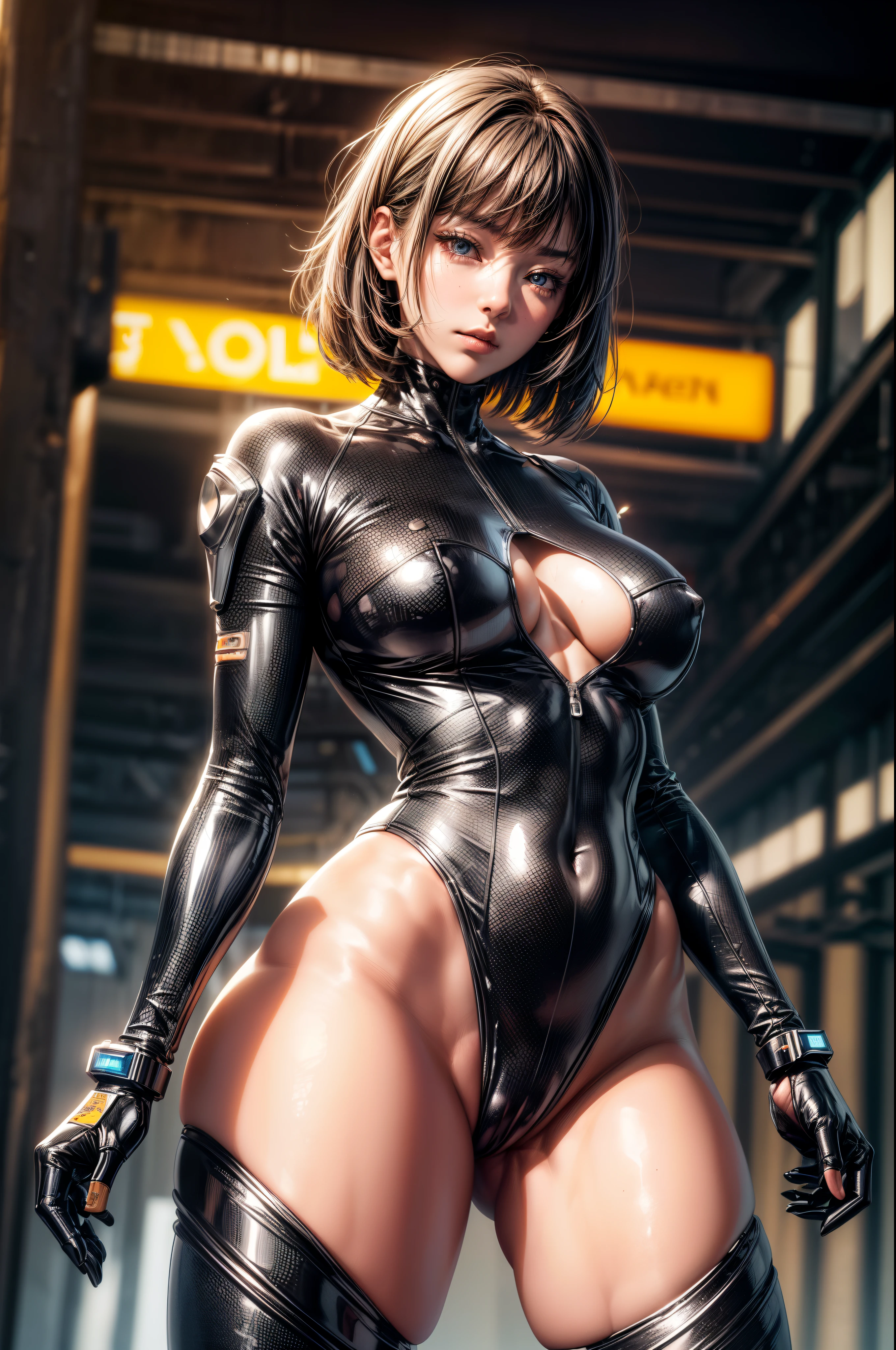 delicate face, 20-year-old kpop idol cyborg girl, dark(carbon fiber high leg cut leotard), Chest opening, {{angled bob}}, (big breasts:1.25), (mechanical joint), bangs, attractive curves, mid pelvis, seaside, standing posture, beach, glowing skin, ((puffyareolas)), (standing), dynamic pose, spread legs, (camel toe, cameltoe, vulvashaped:1.275), cyberpunk, sci-fi, (upper body:1.275), (8k, RAW photo, best quality, masterpiece: 1.47), (nsfw:1.275)