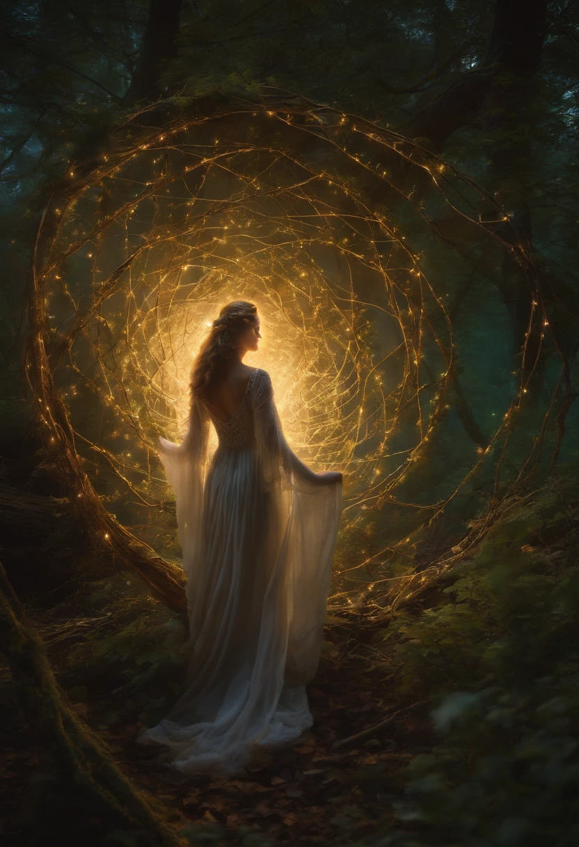 magical loom, glowing threads, destiny, vibrant colors, intricate patterns, ethereal light, branches, knowledge, cosmic energy, low light, photorealistic, realistic painting, Weaver, fantasy, mystical, glowing threads, stardust, moonlight, loom, loom made of branches and leaves, intricate patterns, magic, hands, pale skin, dark fantasy, dark, glowing light eyes, eerie, Creepy, nightmarish, Very bright colors, Light particles, with light glowing, Mshiff, wallpaper art, UHD wallpaper