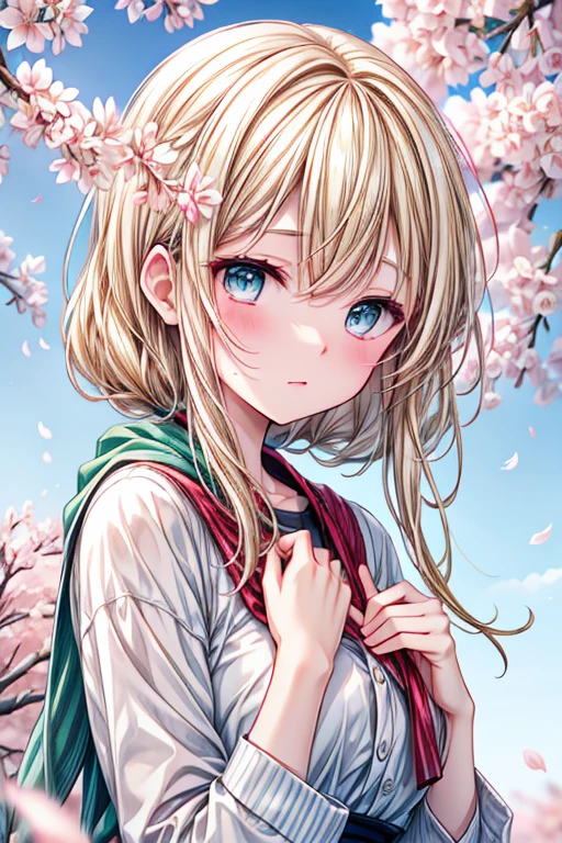 a blonde haired woman with teal eyes is blushing in a flurry of cherry blossoms.