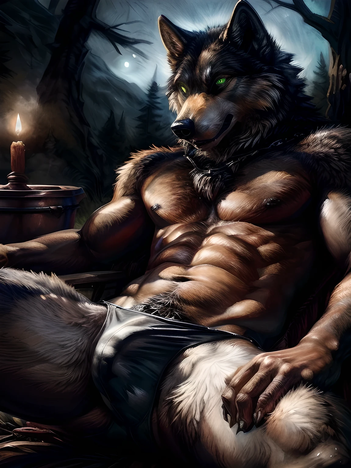 solo, male, (slim), (male anthro wolf):1.3, grey body, white belly, (laying on back):1.3, ((night))
(inside a black cooking pot) (black thong, red pattern:1.2), bulge, knot, 
detailed eyes, wolf tail, bulge, covered vegetables ((body portrait)), 
, (detailed eyes, green eyes, glowing eyes):1.1,
(outdoors:1.35),  one big cooking pot, forest, candle light, night, (particles ,firefly, blue glowing):1.3, 
detailed background, photorealistic, realistic hands, 8k HD,
(dark shadows, wide dynamic range, hdr, low light:1.2),
by (by Pino Daeni, (by ruaidri), (by virtyalfobo), (by Kenket). bulge