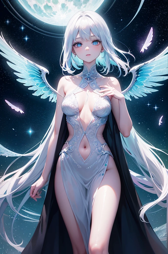 In a mesmerizing light painting photograph, an enchanting luminescent neo-Victorian bioluminescent alien captivates the viewer's gaze. The scene takes place under a moonlit sky, the alien's radiant glow making it appear ethereal and otherworldly. Its delicate, iridescent wings shimmer with an array of pastel blues and pinks, casting a soft and dreamlike glow. Its elongated limbs are graceful and slender, adorned with intricate silver patterns that catch the light beautifully. This high-quality image captures the alien's mysterious beauty and evokes a sense of wonder and fascination.