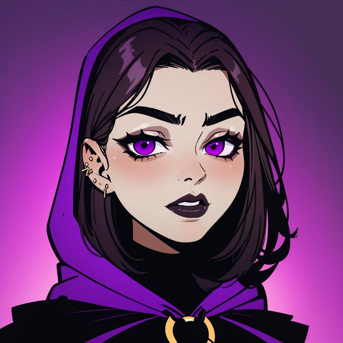 Raven, titans, hooded, goth girl, autumn forest background, detailed, detailed, detailed, beautiful, detail, goth girl, masterpiece, purple clothes, red jewel centre on forehead, dark night background, gothic, goth, goth, detailed, goth girl, piercings, detailed face, looking viewer, raven, (Dark eye shadow) dark eye shadow, black eye shadow, incasewestern artstylesemi-realistic facial structurepainterly style