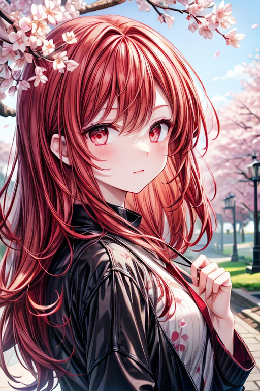 a red haired woman with red eyes is blushing in a flurry of cherry blossoms.