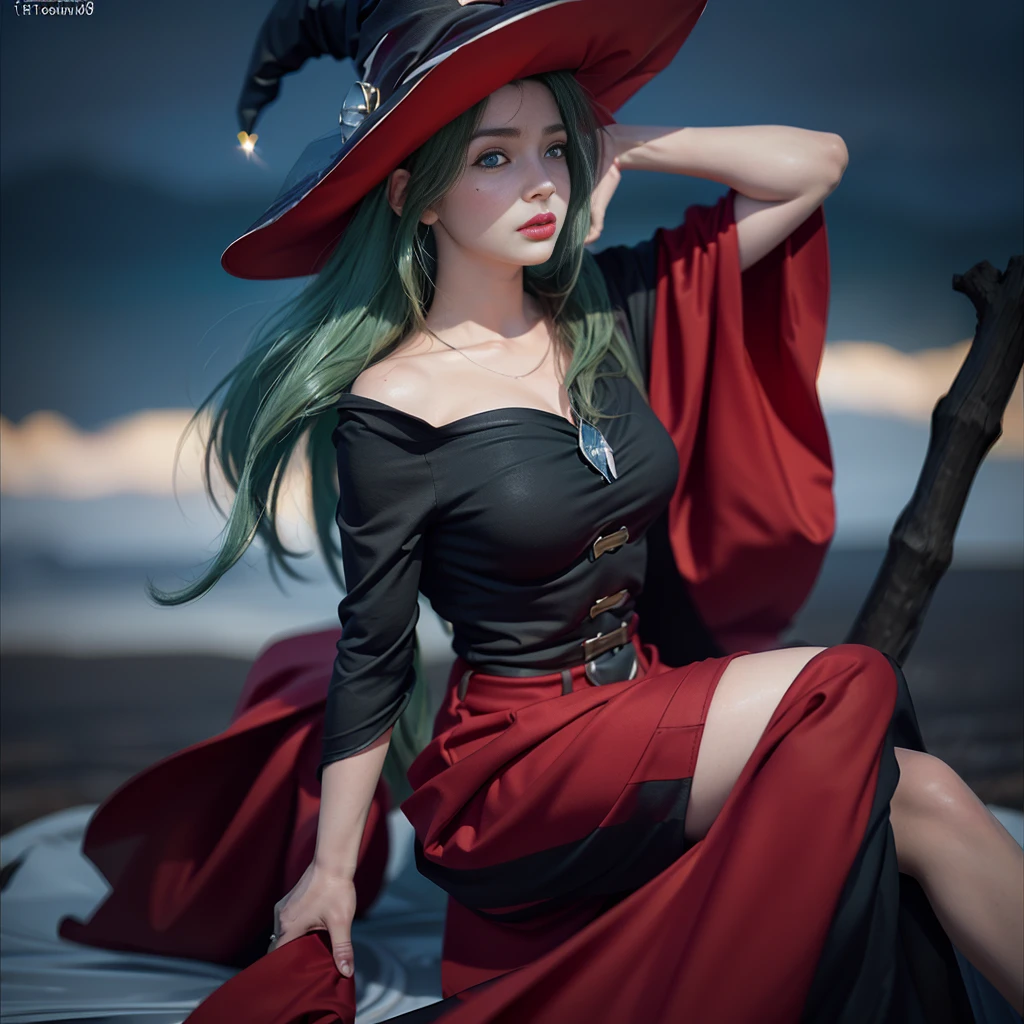 ((FOTOGRAFIA REALISTA)) (8k, Foto RAW, melhor qualidade, senhor:1.2), (Realistic, photo-Realistic:2), SEIOS FARTOS, SEIOS GRANDE, PEITO GRANDE, SEIOS QUENTES,  ((ULTRA HIGH DEFINITION)), ((QUALIDADE 4K)), ((MUITO DETALHADO)), ((TEXTURA SONY a7s)), Feiticeira de cabelo verde montada na VASSOURA, ((vestimenta de seda)), ((estilo LUXO)), ((ROSTO ANGELICAL PERFEITO)), ((TATUAGENS NAS BOCHECHAS)), ((deserto)), ((energy flares)), ((pano de fundo montanha)), ((pano de fundo tempestado, raios)), ((VESTIMENTA VERMELHA)), NO EXTRA ARMS, JUST TWO ARMS, ((witch&#39;s hat)), ((grains of sand)), ((BLUE SKY))