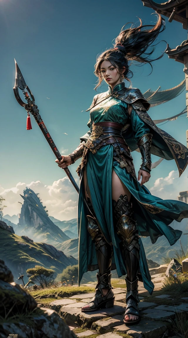 ((full body illustration)), high definition|quality|contrast. Magic fantasy art. an imposing Chinese warrior woman holding a staff in a combat pose, ((attack pose)), looking at the viewer, traditional dress in shades of green, tattoo on her leg, (swirl of leaves around), wind, soft ambient light.