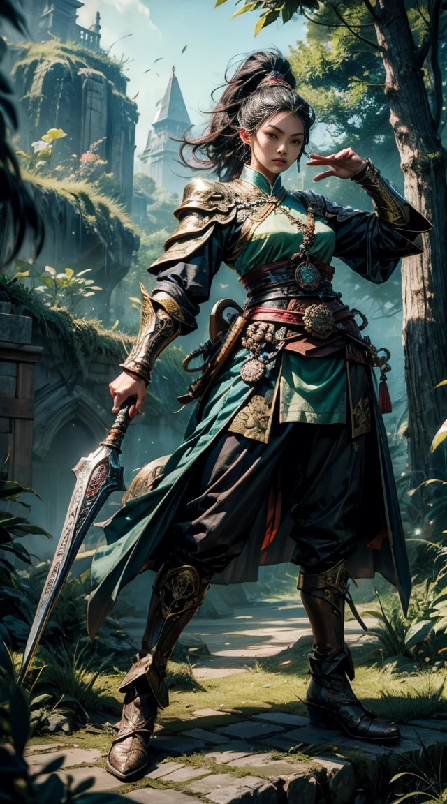 ((full body illustration)), high definition|quality|contrast. Magic fantasy art. an imposing Chinese warrior woman holding a staff in a combat pose, ((attack pose)), looking at the viewer, traditional dress in shades of green, tattoo on her leg, (swirl of leaves around), wind, soft ambient light.
