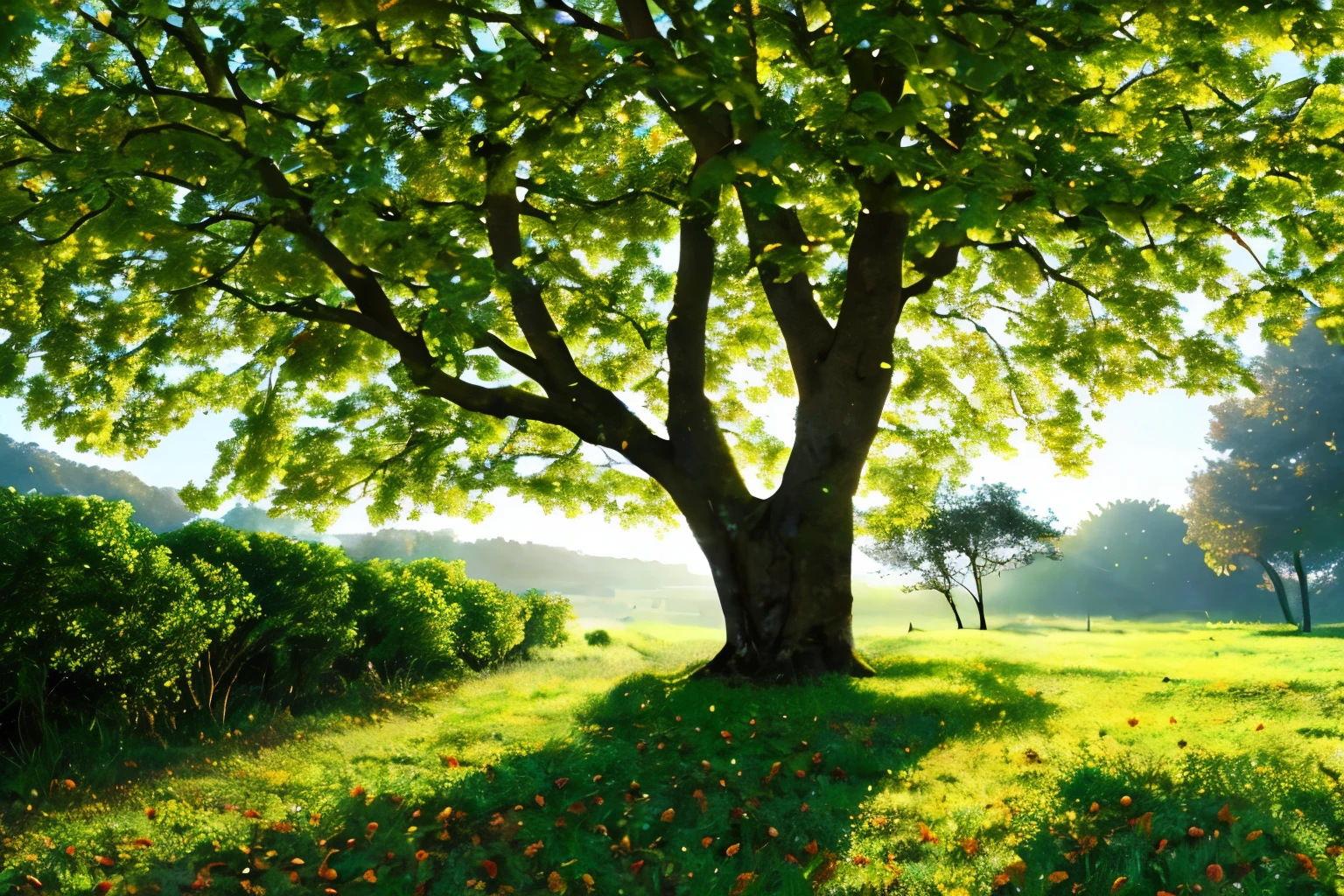 Magical and wonderful tree that shines with a greenish glow. Afternoon. Golden apples are among the leaves. Golden particle in the air. 16k. High resolution