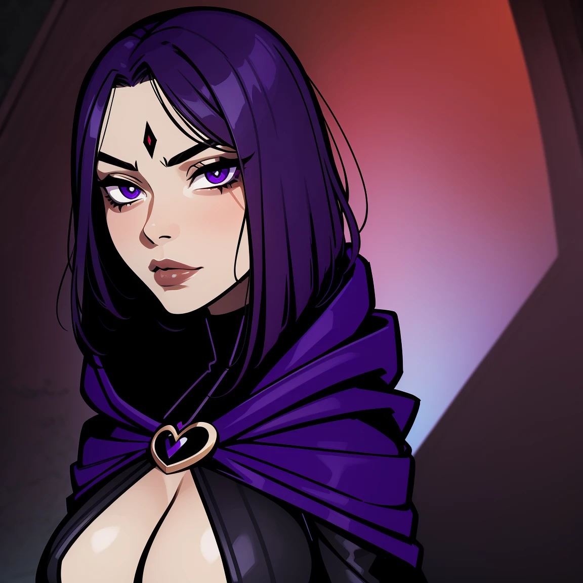 Raven,  titans, hooded, goth girl, autumn forest background, detailed, detailed, detailed, beautiful, detail, goth girl, masterpiece, purple clothes, red jewel centre head, dark night background, gothic, goth, goth, detailed, goth girl, piercings, detailed face, looking viewer, raven, (Dark eye shadow) dark eye shadow, black eye shadow, incasewestern artstylesemi-realistic facial structurepainterly style
