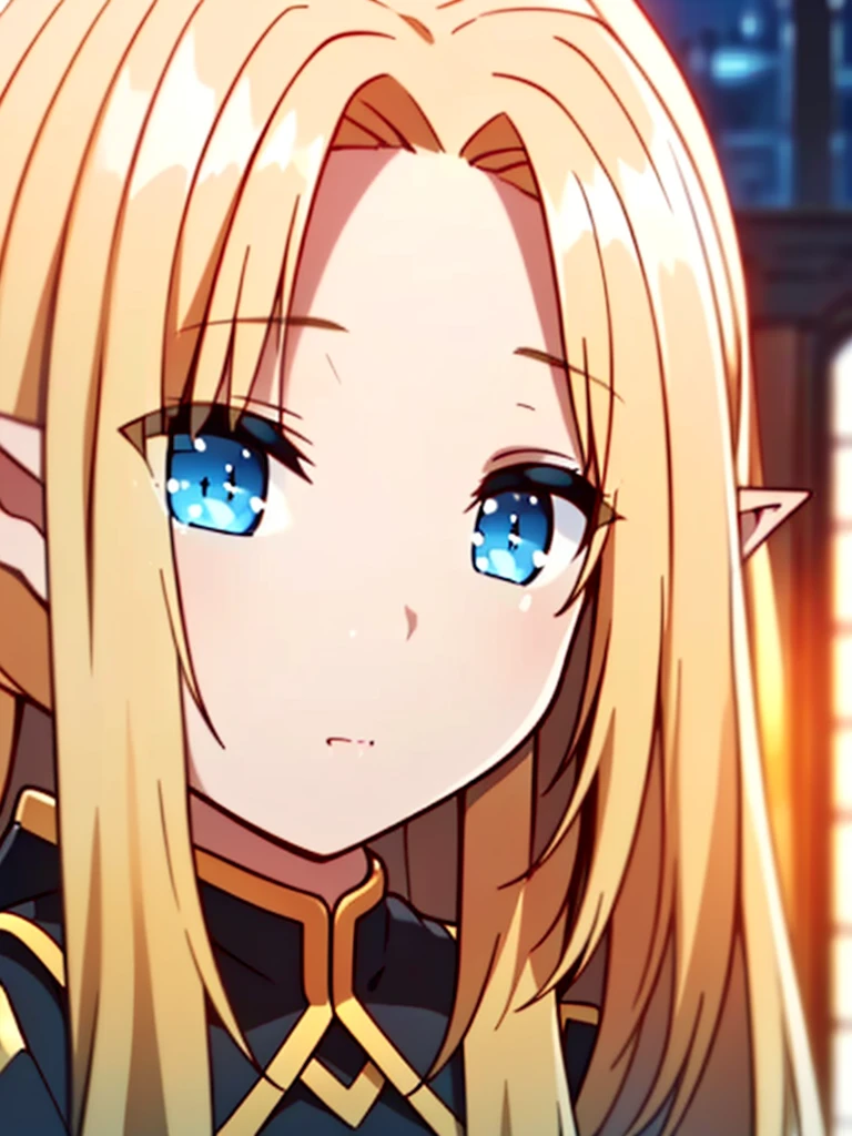 ((4k)),((masterpiece)),(best quality),((ultra detailed)), ((beautiful blurry background)), ((cinematic lighting)), depth of field, (dynamic angle),((beautiful detailed eyes), pretty face, best quality, masterpiece, 1girl, ultra detailed, detailed face, AlphaNDV, blonde hair, blue eyes, very long hair, elf, pointy ears, black outfit