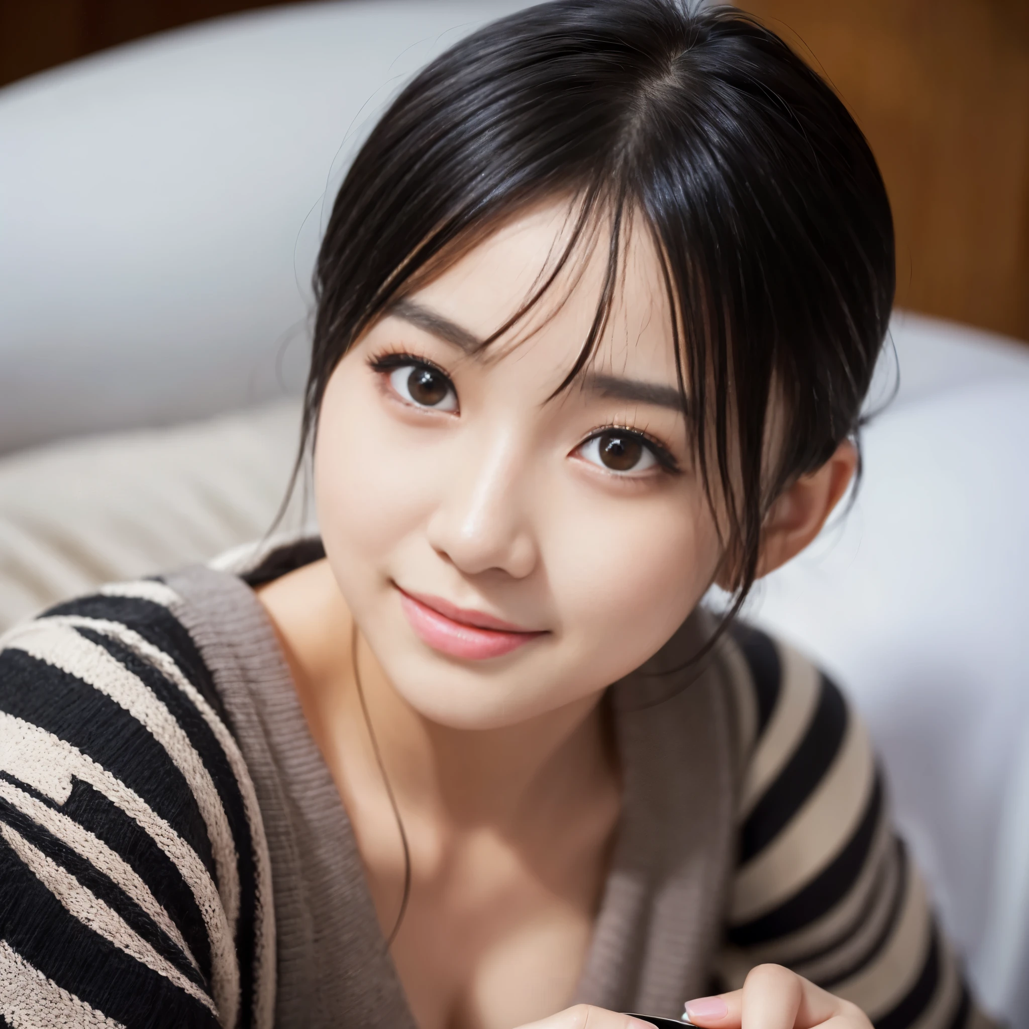 Best-quality, Masterpiece, Ultra-High-Resolution, (Photorealistic:1.4), Raw-Photo, 1girl, solo, 15-years-old, the most famous Japanese idol, portrait, face-focus, drinking cocktail, innocent smile, completely-drunk, extremely cute face like the most popular Japanese idol, (((extremely beautiful big-black-eyes))), extremely beautiful black-short-cut-haired, extremely beautiful long-eyelashes, extremely beautiful lips, extremely beautiful skins, wearing only pajama with cute-design, detailed pajama-with-cute-design