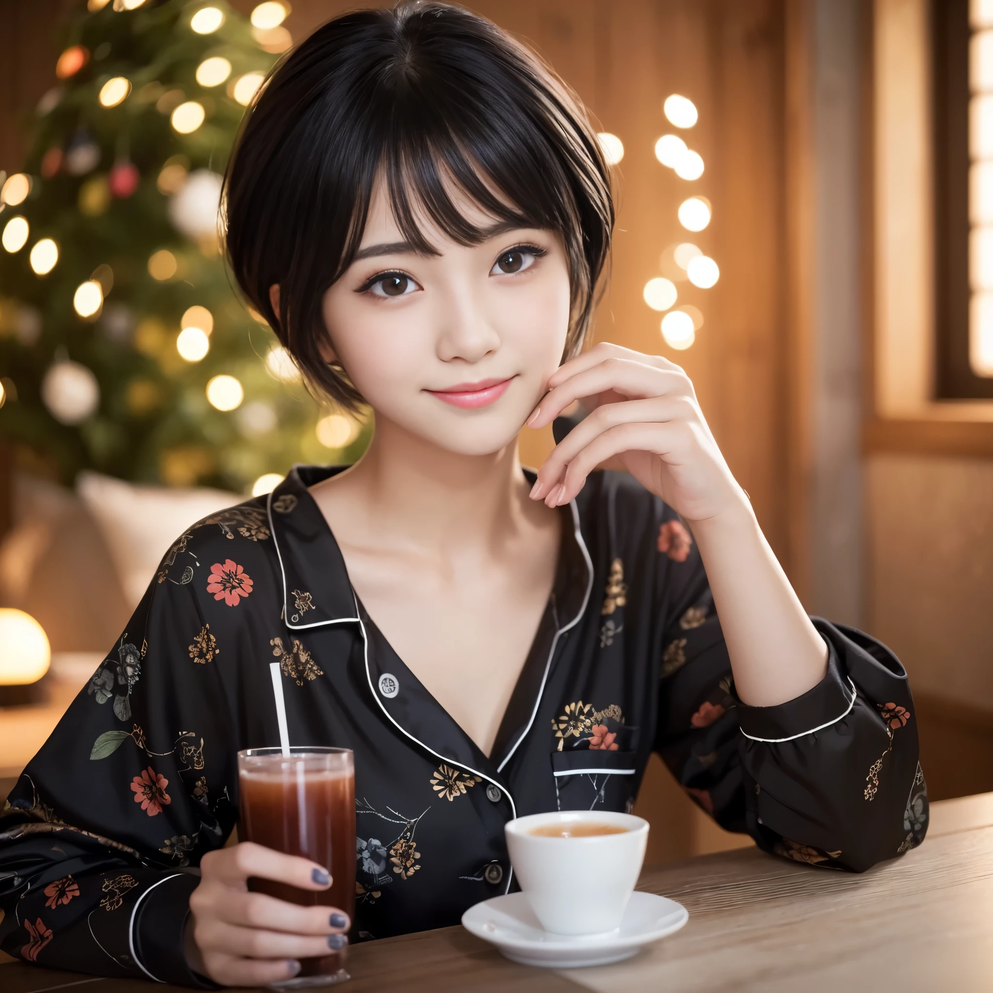 Best-quality, Masterpiece, Ultra-High-Resolution, (Photorealistic:1.4), Raw-Photo, 1girl, solo, 15-years-old, the most famous Japanese idol, portrait, face-focus, drinking cocktail, innocent smile, completely-drunk, extremely cute face like the most popular Japanese idol, (((extremely beautiful big-black-eyes))), extremely beautiful black-short-cut-haired, extremely beautiful long-eyelashes, extremely beautiful lips, extremely beautiful skins, wearing only pajama with cute-design, detailed pajama-with-cute-design