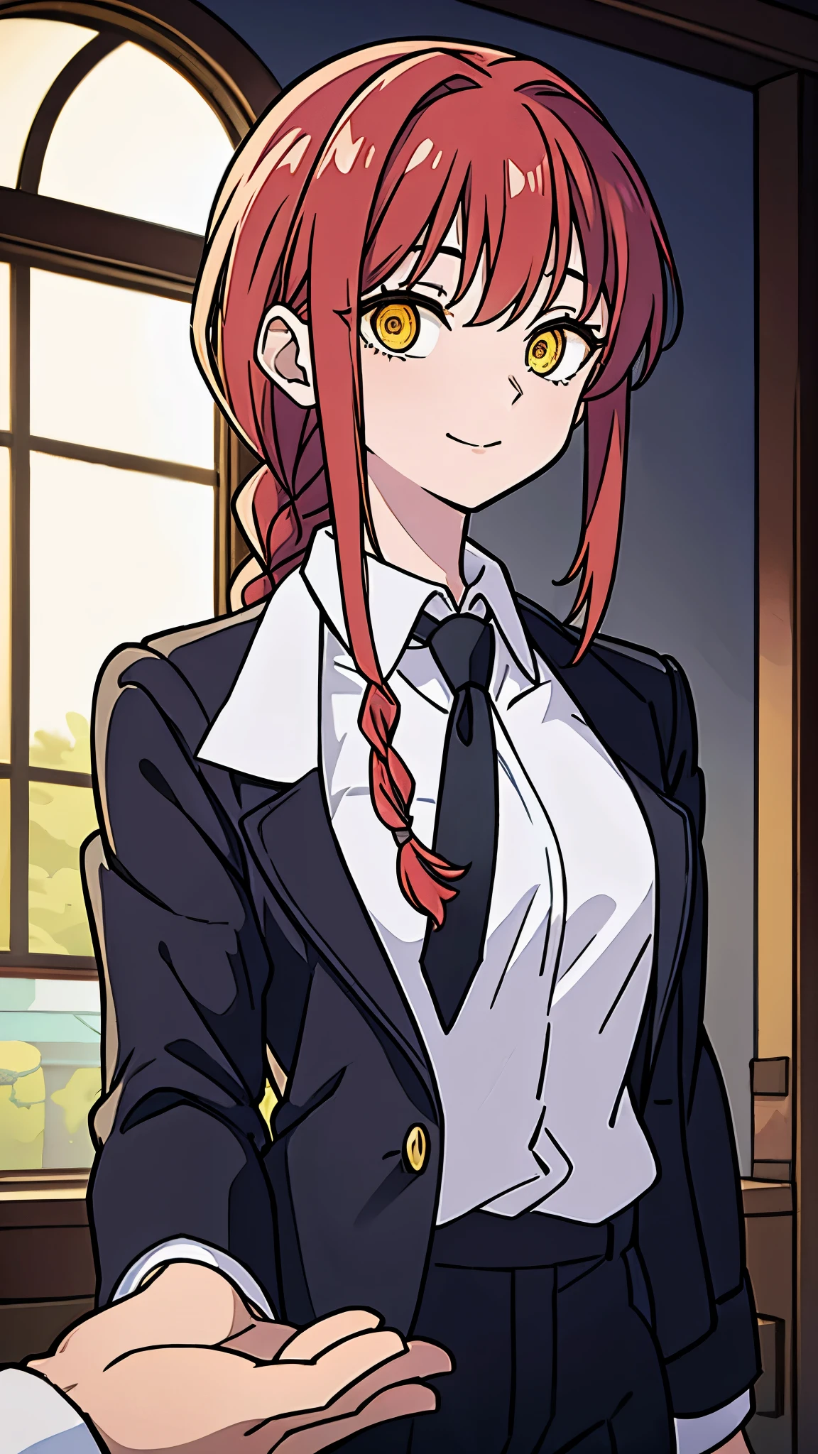 makima, makima, long hair, smile, bangs, small breasts, (yellow eyes:1.2), braid, red hair, braided ponytail, ringed eyes, 
BREAK  shirt, long sleeves, jacket, white shirt, necktie, collared shirt, pants, black jacket, black pants, formal, suit, black necktie, shirt tucked in, office lady, 
BREAK indoors, office,
BREAK looking at viewer,
BREAK (masterpiece:1.2), best quality, high resolution, unity 8k wallpaper, (illustration:0.8), (beautiful detailed eyes:1.6), extremely detailed face, perfect lighting, extremely detailed CG, (perfect hands, perfect anatomy),