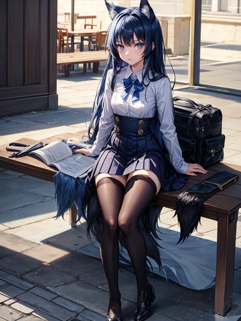 a wolf girl, serious and shy, small chest, 18 years old, very dark blue hair, very light blue eyes, wearing a student uniform and high black stockings