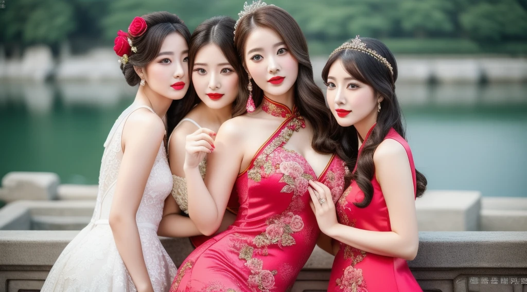 (High quality, 4k, HDR), Three girls, Three Lovers, Three Lesbians, Three Sexy Girl, bouquet red roses of flowers in hand,very bad image negative_v1.3,(huge breasts:1.1),red lips, glowing skin,big her curves,glamorous model,((A beautiful woman white dress near a body of water, chinese dress, gorgeous chinese model, wearing a pink cheongsam, chinese style, sexy dress, wearing an elegant dress, cheongsam, wearing pink dress, sexy black dress, chinese girl, wearing a white dress, beautiful silky dress, wearing a wonderful dress, traditional chinese,wedding dress)),(((Perfect female body, Willow waist))),hide five , best quality,glamorous model with (detailed eyes, detailed lips, extremely detailed eyes),Brunette Bob Hair,beautiful detailed eyes, hazel eyes, {{{{{sharp focus}}}}},Wearing a single red rose around the neck of a necklace,Wearing red and black lace dress,high-heels,blue eyes,(((Full body))))((anatomy correct)),Gorgeous and intricate lady style