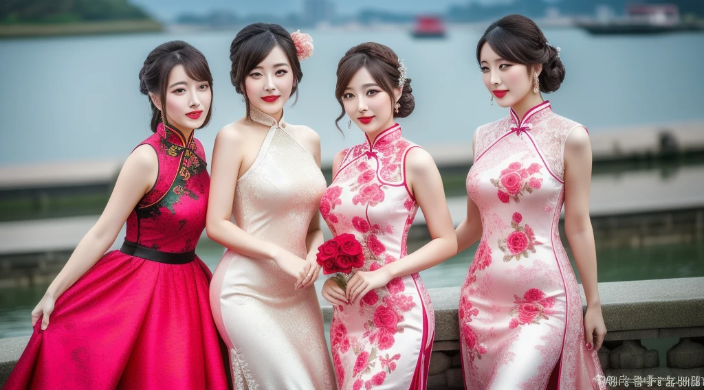 (High quality, 4k, HDR), Three girls, Three Lovers, Three Lesbians, Three Sexy Girl, bouquet red roses of flowers in hand,very bad image negative_v1.3,(huge breasts:1.1),red lips, glowing skin,big her curves,glamorous model,((A beautiful woman white dress near a body of water, chinese dress, gorgeous chinese model, wearing a pink cheongsam, chinese style, sexy dress, wearing an elegant dress, cheongsam, wearing pink dress, sexy black dress, chinese girl, wearing a white dress, beautiful silky dress, wearing a wonderful dress, traditional chinese,wedding dress)),(((Perfect female body, Willow waist))),hide five , best quality,glamorous model with (detailed eyes, detailed lips, extremely detailed eyes),Brunette Bob Hair,beautiful detailed eyes, hazel eyes, {{{{{sharp focus}}}}},Wearing a single red rose around the neck of a necklace,Wearing red and black lace dress,high-heels,blue eyes,(((Full body))))((anatomy correct)),Gorgeous and intricate lady style