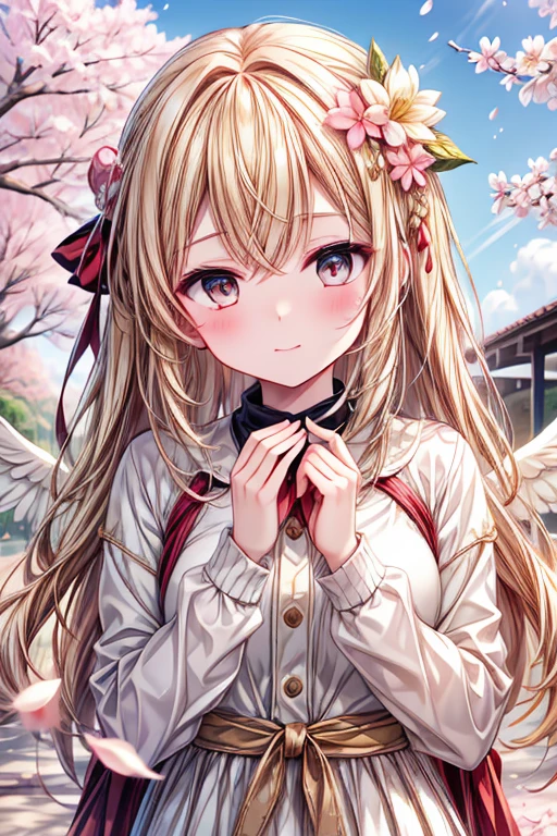 a golden haired female angel with hazel eyes and golden wings is blushing in a flurry of cherry blossoms.