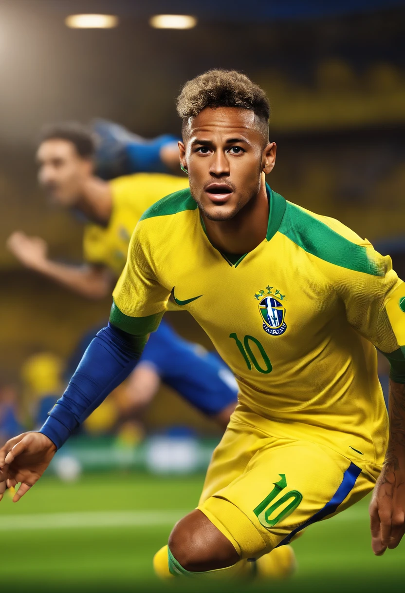 Image of a Brazilian football player [Neymar Jr.] for a story in a YouTube video in Pixar format, he is the little allabester, He is the leader of the class, He is outgoing, Playful and stands up to a lot of things, short hair