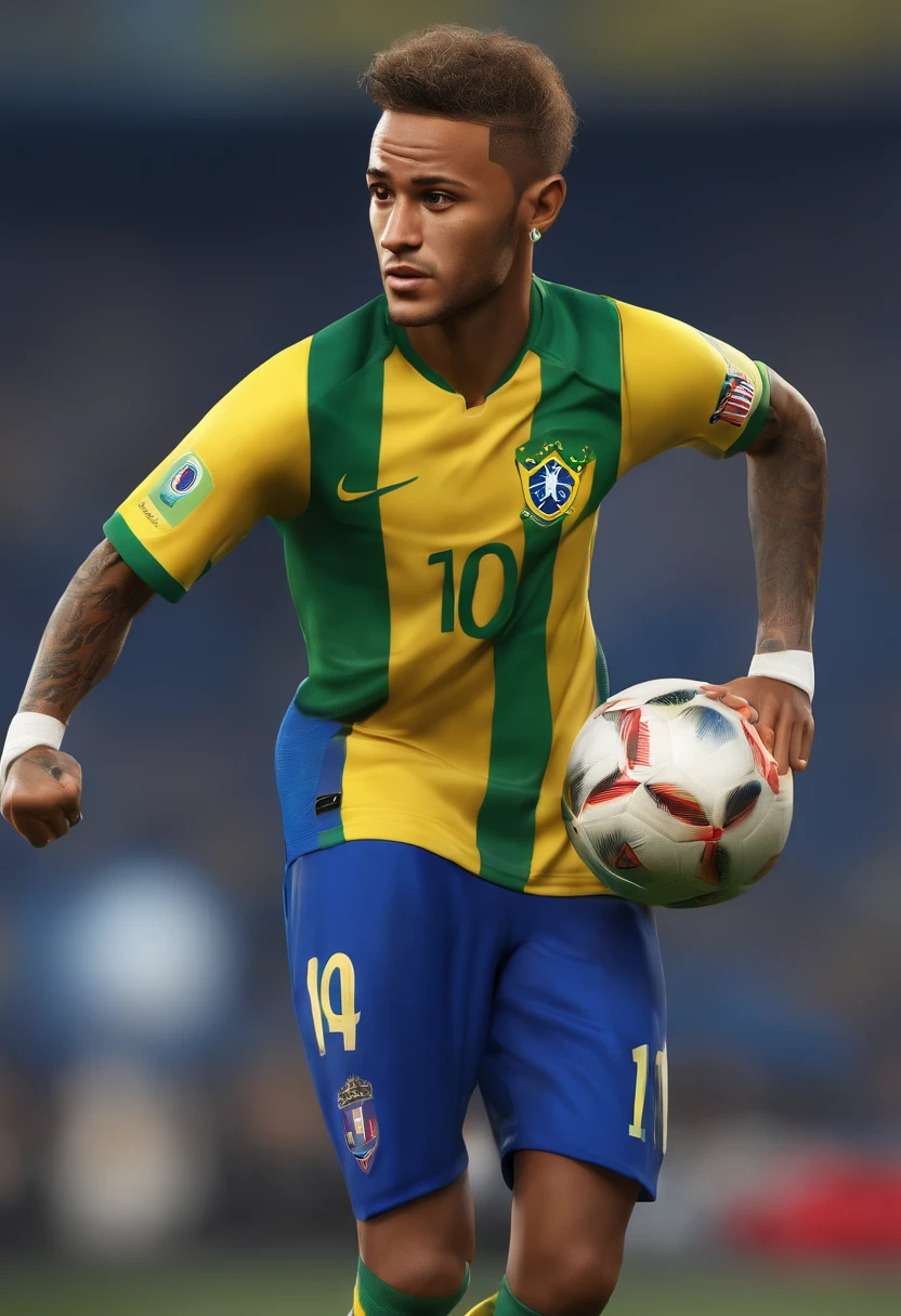 Image of a Brazilian football player [Neymar Jr.] for a story in a YouTube video in Pixar format, he is the little allabester, He is the leader of the class, He is outgoing, Playful and stands up to a lot of things, short hair