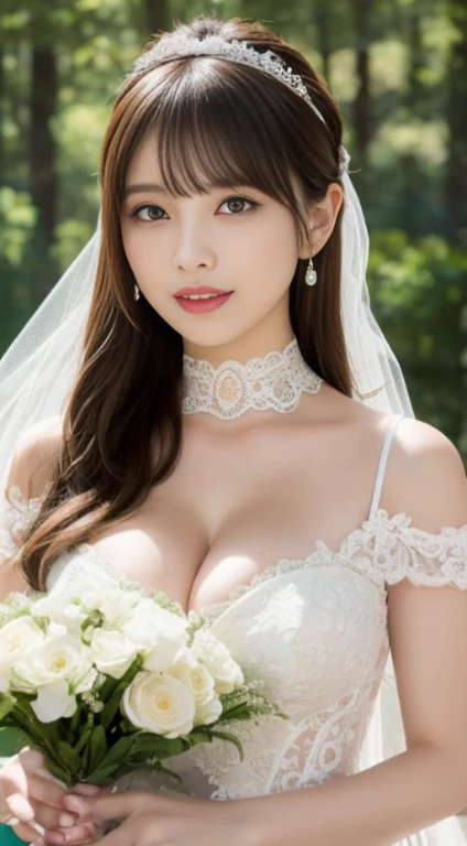 table top, highest quality, shape, Super detailed, finely, High resolution, 8k wallpaper, 完璧なダイナミックな構shape, beautiful and detailed eyes, (lace wedding dresses、brightly colored wedding dresses), natural color lip、(big breasts:1.8、Beautiful cleavage visible)、(random hairstyle)、Climax of happiness、happy atmosphere、(Holding a bouquet of colorful flowers)、random choker