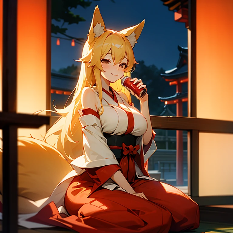 A woman with large breasts and fox ears and a fox tail.、Japanese style shrine maiden、Japanese style shrine room、blonde、Smiling、long hair、night、drinking alcohol from a small cup、