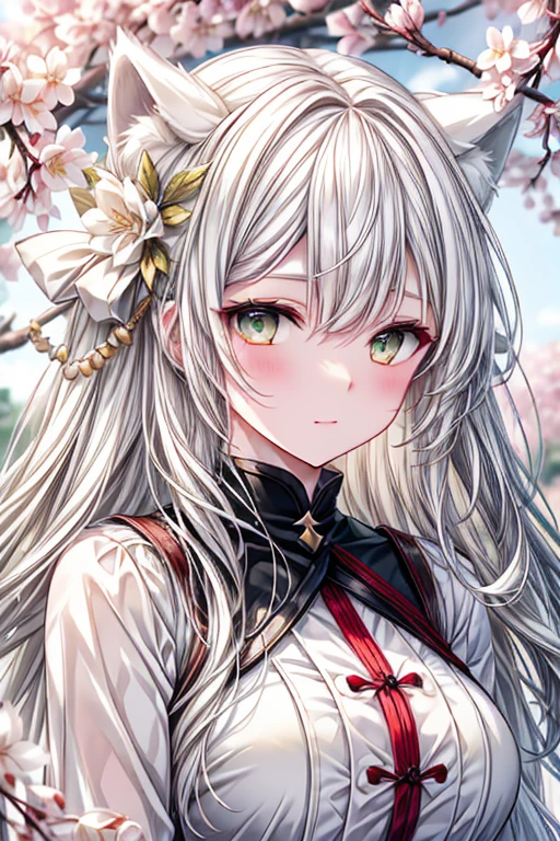 a white haired woman with green eyes and golden white wolf ears and a white wolf tails blushing in a flurry of cherry blossoms.