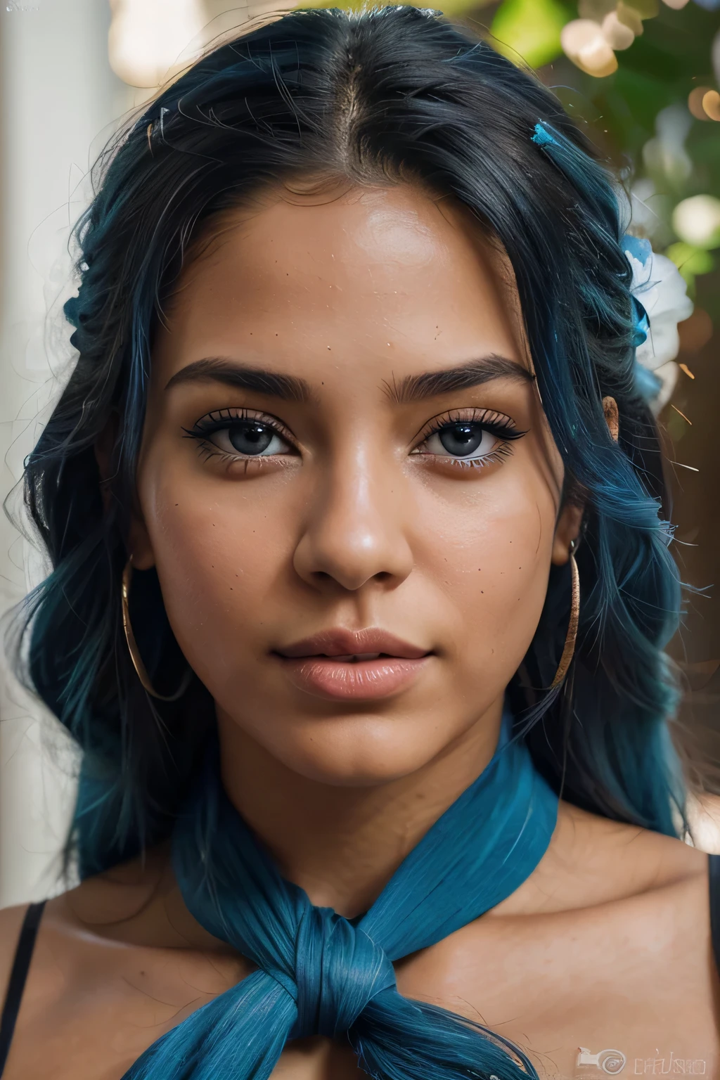 photorealistic, The best quality, hyper detailed, A close-up of a, portrait, Looking through a viewfinder, Head straight to the camera. Best shade, Beautiful sexy fitness latin girl from Venezuela, 21 years old, Young girl, blue eyes, Beautiful symmetrical face, blue hair, almond eye, full lips, hair, knotted back.