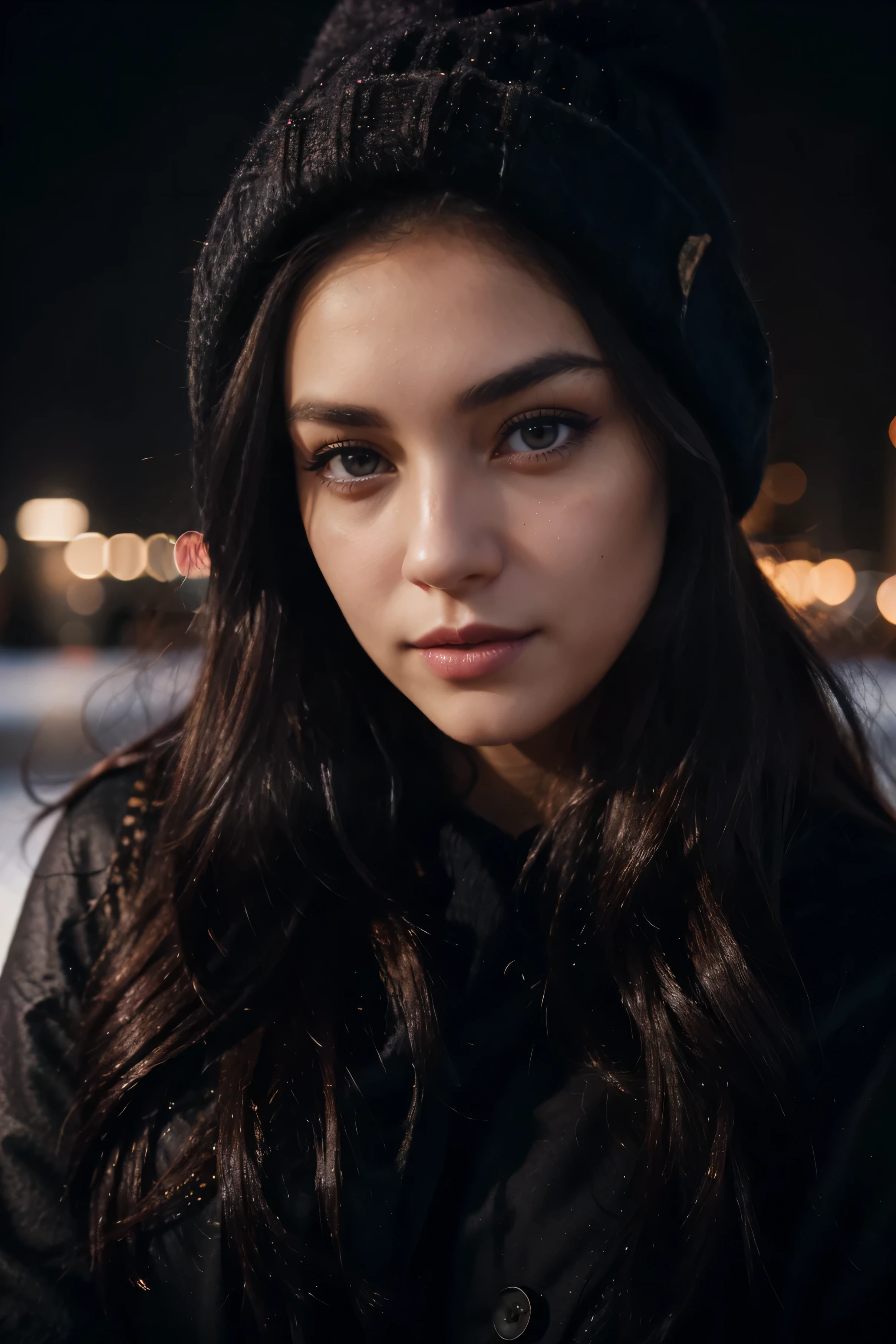 "Basking in the luminous glow of HD HDR 4K, a girl with sharp facial features steps into the darkness of a winter evening, poised to capture the essence of the season in a themed selfie. Pronounced cheekbones complement her striking appearance, and her eyes, large and deep in a captivating shade of violet, are subtly accentuated by a surrounding dark eyeshadow. Well-defined, slightly arched eyebrows add to her bold and shaped look.
Her complexion, with a subtle pallor and faint purple markings, mirrors the winter chill. Lips painted in shades of purple, often highlighted with a dark matte lipstick, bring a touch of warmth. Long, wavy black hair with a hint of faint purple dip dye at the tips frames her face, extending gracefully to shoulder length.
Tonight, against the backdrop of the dark winter evening, she captures a themed selfie. Adorned with a winter hat, her face is framed by the flowing strands of her hair. The contrast of her captivating presence against the chilly, dark backdrop creates a snapshot of winter allure