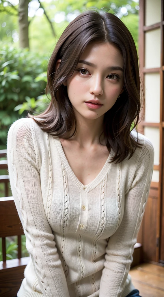 (Raw photo, Best Quality), (Realistic, Photorealsitic:1.3), masutepiece, Extremely delicate and beautiful, Soft light, (Brown hair,Bob Hair, layers-Cut), Beautiful detailed girl, (Detailed fingers), extremely detailed eye and face, beautiful detailed nose, Beautiful detailed eyes, 1 girl, Japanese, Neat and clean beauty, Cute, 年轻, Sweaters, (Half body:1.3), (medium breasts), Realistic face, Realistic body, Outdoors