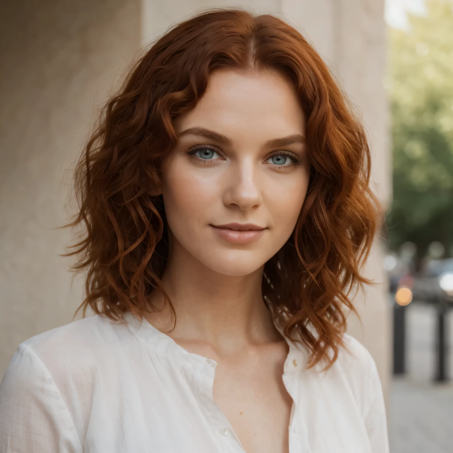 Girl with red curly hair, weiches intensiv rotes Haar, klare, real green eyes, lange dunkelschwarze echte Wimpern, Perfekt geformte dunkelschwarze echte Augenbrauen, dark caramel brown genuine leather, kurvige Figur, elegant thin real nose, kleine echte Ohren, volle echte Lippen, white real teeth, kleine, weiche, high resolution, Meisterwerk, best quality, komplizierte hohe Detailgenauigkeit, Sehr detailliert, scharfer Fokus, detaillierte Haut, realistische Hautstruktur, echte Hautstruktur, detaillierte Augen, Fachmann, wahres Leben, Fotorealismus, Fotografie, realistic Fotografie, UHD, Foto RAW
