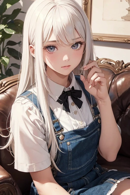 +Masterpiece, best quality, super detailed, a schoolgirl, beautiful face, rich details, (long white hair), perfect face, overalls, sitting, close-up, shabby sofa
