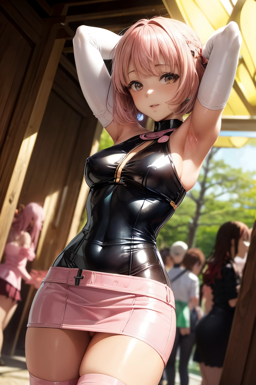 cute woman, NSFW, ((anatomically correct hand:1.5)), y, ((Kyoto Animation style:1.5)), ultra precision, masterpiece, very very beautiful, princess face, ((1 woman)), ((alone:1.5)), ((pink hair:1.5)), ((bob cut 1.5)), break, ((black eye)), shortcut, ((straight hair)), break, complete limbs,((full finger:1.5)), ((Wearing a miniskirt bodycon:1.5)), break, break, professional lighting, (25 years old), tight waist, shiny skin ((brown skin)), ((oily skin)), glowing skin, looking at the viewer, cowboy shot, ((dynamic pose:1.5)),  looking at camera, in the room, sexslight smile, slightly open mouth, ((cute)), ((model pose:1.5)), ((arms behind:1.5)), super detailed face, ((thin lips:1.5)), sexy, roopy eyes)), slight smile, sexy, loog at camera, sexy, Big ey ((shiny costume:1.5)),