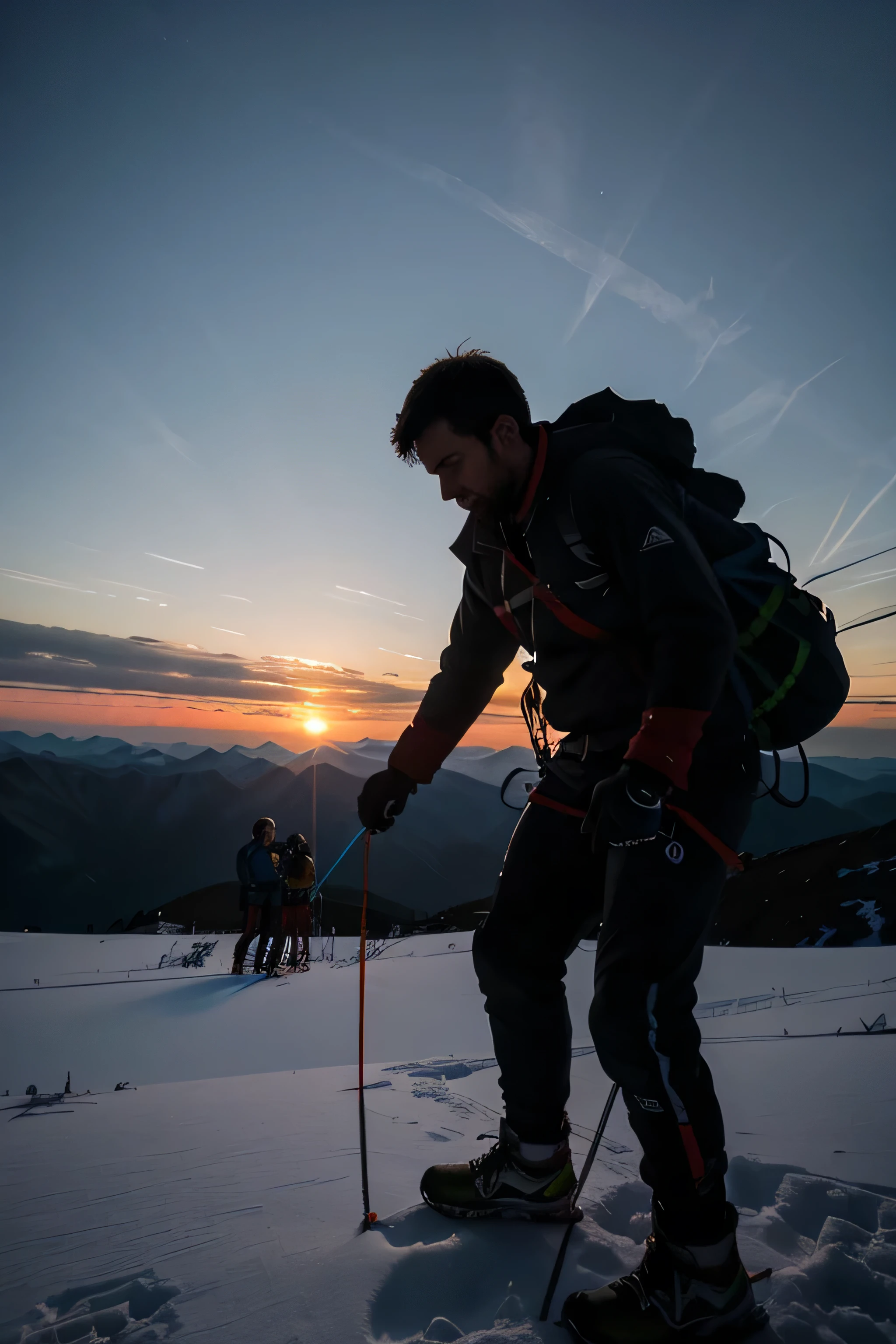 The shadows of the team members were etched into the bright canvas of the evening sky.. Linked together by a chain of interconnected hands., Their faces reflected the exhaustion of the climb and their steadfast determination to conquer the peak.. Each one leans into the difficult battle., Their shared strength creates a resilient bond that propels them forward..