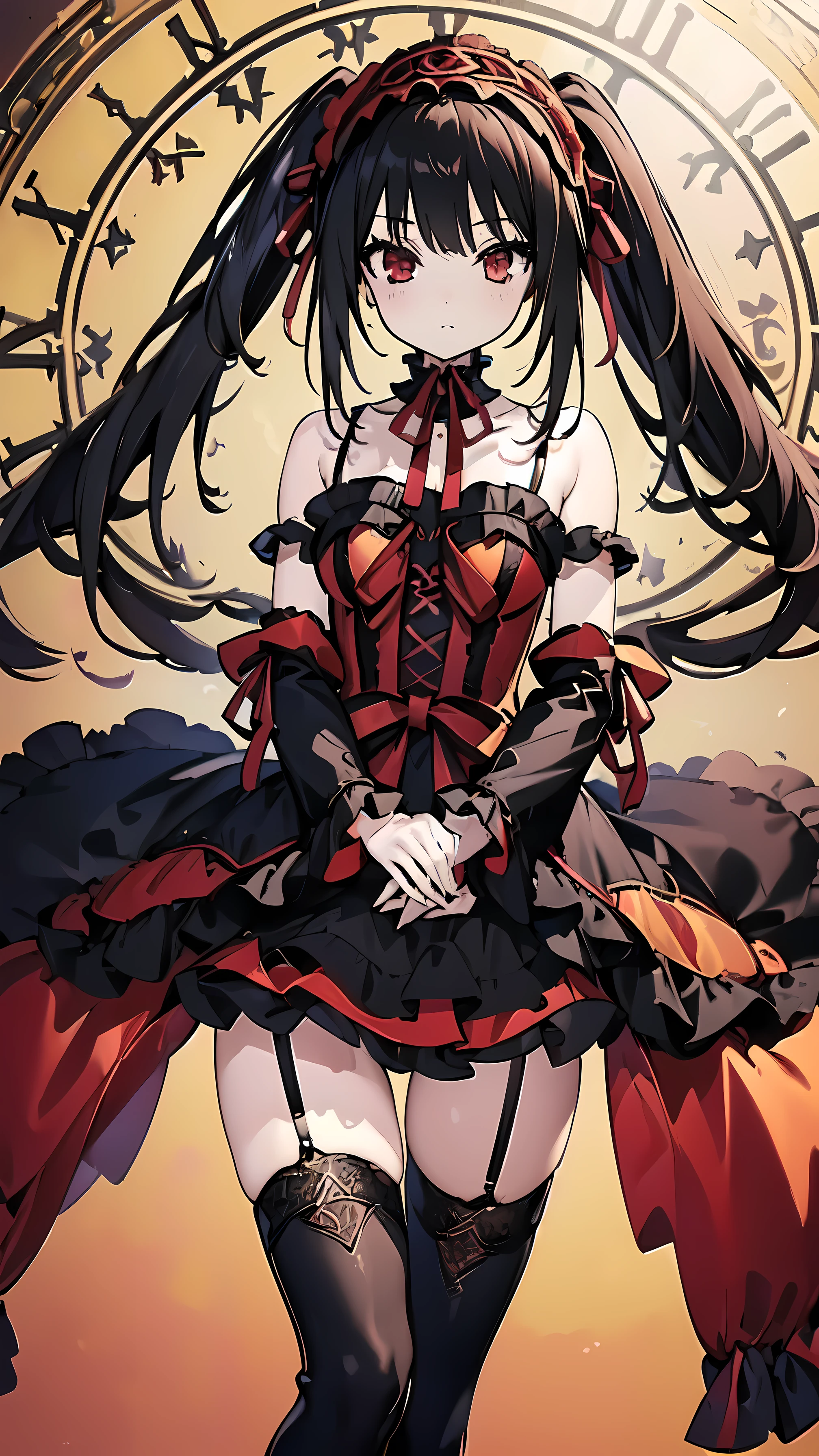 ((masterpiece, best quality, ultra detailed)), depth of field, (beautiful detailed eyes, pretty face, detailed face), 1girl( standing elegantly, different red left eye and golden right eye, long hair, twin-tails, black hair, red and black Lolita dress, long black boots, black stockings, black garter belt), clock mechanics background