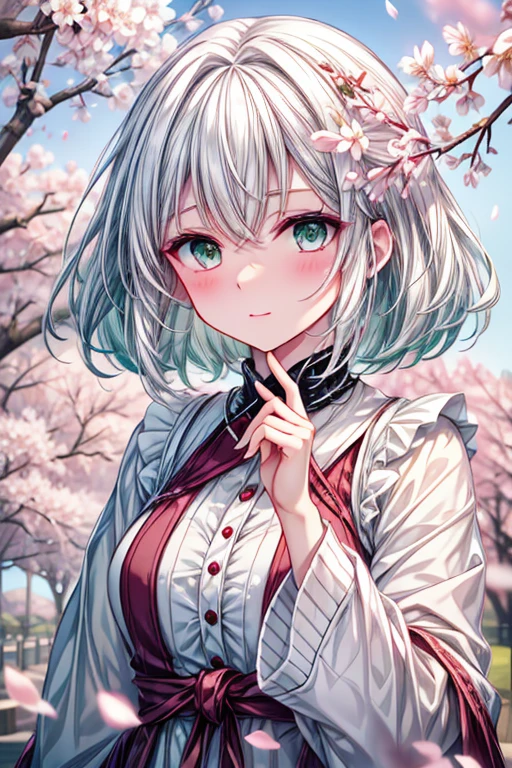 a white haired woman with green eyes is  blushing in a flurry of cherry blossoms.
