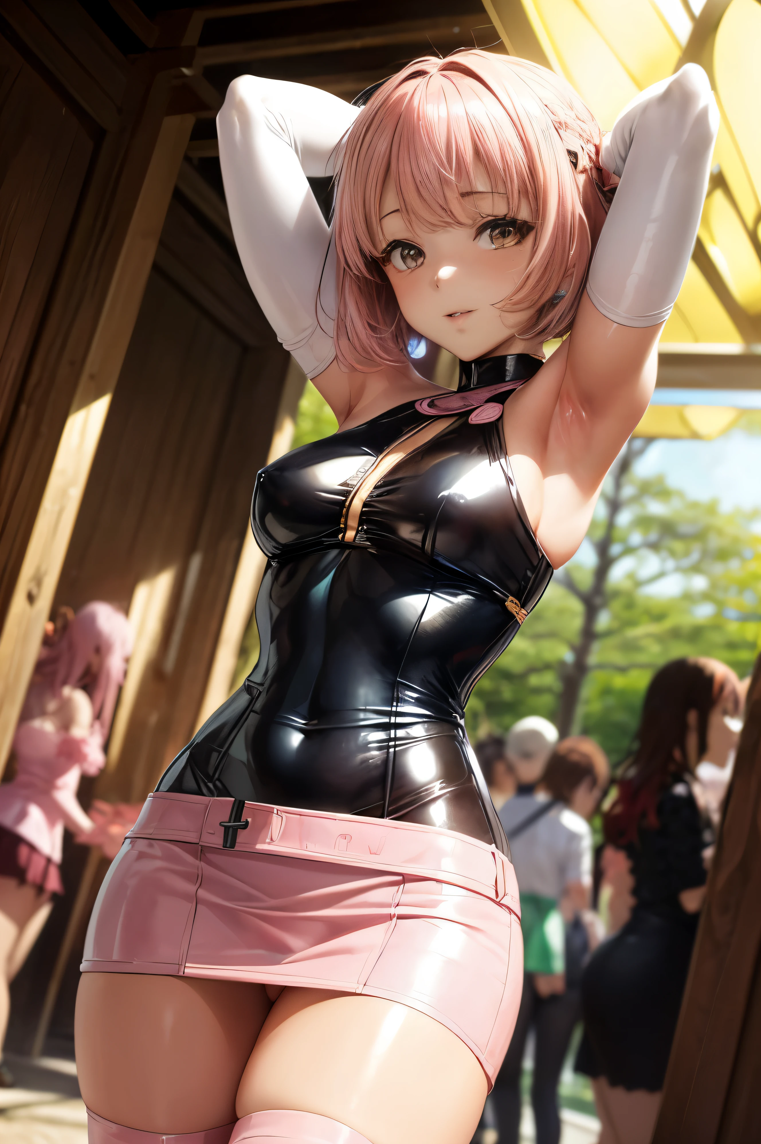 cute woman, NSFW, ((anatomically correct hand:1.5)), sexy, ((Kyoto Animation style:1.5)), ultra precision, masterpiece, very very beautiful, princess face, ((1 woman)), ((alone:1.5)), ((pink hair:1.5)), ((bob cut 1.5)), break, ((black eye)), shortcut, ((straight hair)), break, complete limbs,((full finger:1.5)), ((Wearing a miniskirt bodycon:1.5)), break, break, professional lighting, (25 years old), tight waist, shiny skin ((brown skin)), ((oily skin)), glowing skin, looking at the viewer, cowboy shot, ((dynamic pose:1.5)), looking at camera, in the room, sexy, slight smile, slightly open mouth, ((cute)), ((model pose:1.5)), ((arms behind:1.5)), super detailed face, ((thin lips:1.5)), sexy, ((droopy eyes)), slight smile, sexy, looking at camera, sexy, Big eyes, ((shiny costume:1.5)),