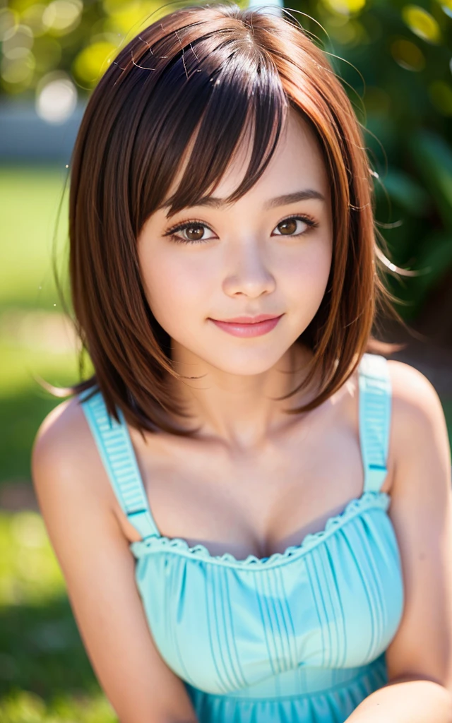 masterpiece, Best Quality, 8K, 1girl in, Good Hand, yo, close up of face, Lively, Active, Life Force, Luminescent, Looking away, Raw photo, F/1.8, 135 mm, NIKON, Anatomically correct, Bokeh,Textured skin, Professional Photography, Portrait, Soft light, Professional Lighting, Solo, (Smile), Cute, Girly, Film grain, (Eyes and faces with detailed:1.0), Brown hair, Short hair swaying in the wind, Bangs