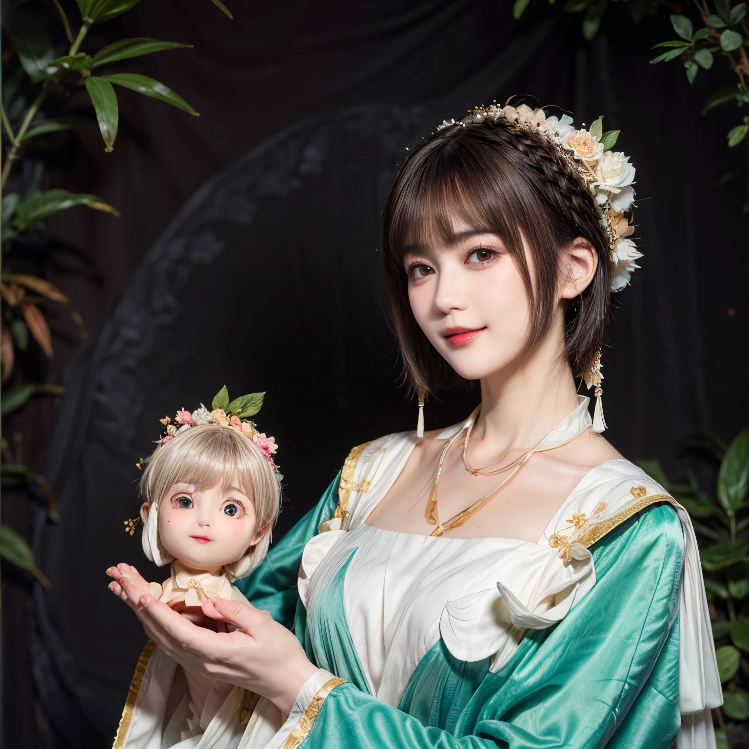 148
(20 year old woman,Floral costume), (surreal), (High resolution), ((beautiful hairstyle 46)), ((short hair:1.46)), (gentle smile), (breasted:1.1), (lipstick)
