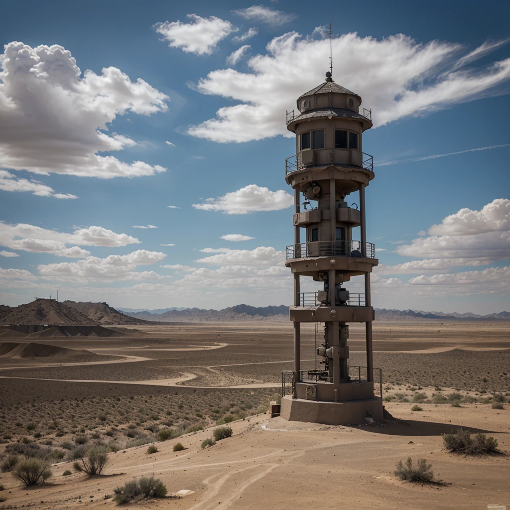 Military watch tower in the desert 4k resulution fully details cloudy sky 