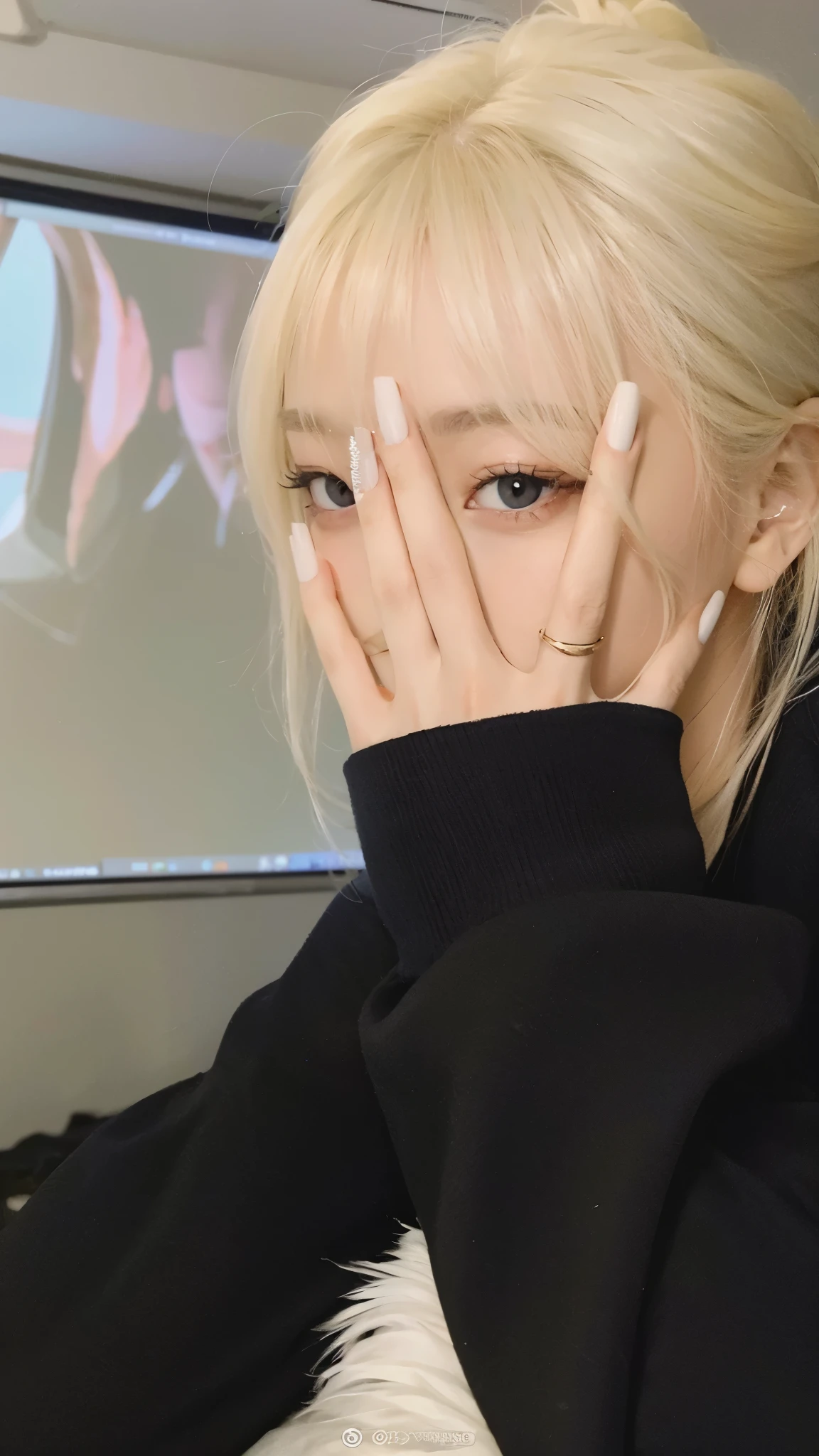 blonde woman with white nails and black sweater sitting in front of a computer, parque roseanne de blackpink, com dedo indicador, Lalisa Manoban do Blackpink, Lalisa Manobal, her hair is white, jossi do blackpink, Sun Yunjoo, com os dedos, Ulzzang, dedos longos, hand on her chin, Jinyoung Shin, grandes olhos claros