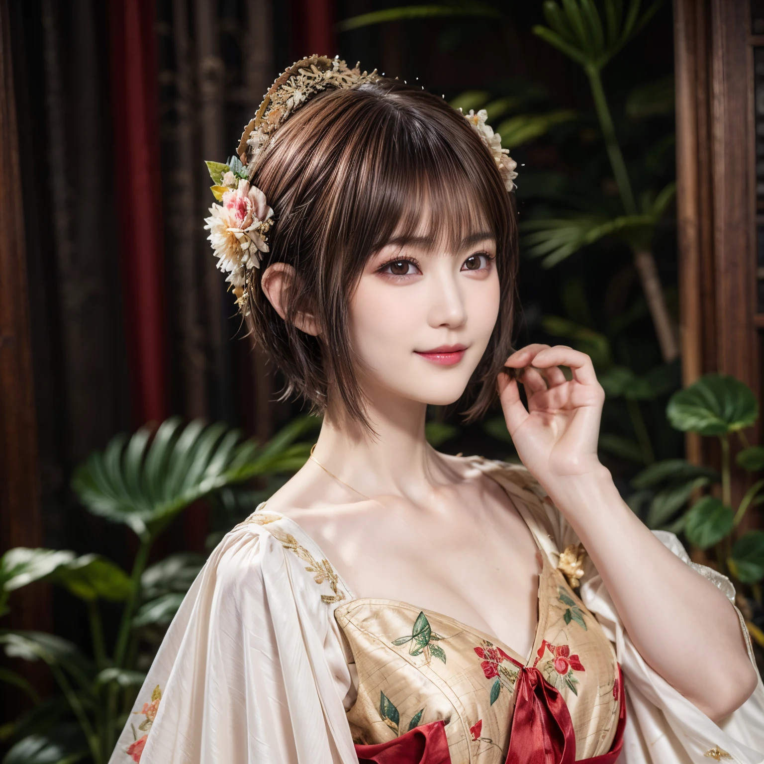 148
(20 year old woman,Floral costume), (surreal), (High resolution), ((beautiful hairstyle 46)), ((short hair:1.46)), (gentle smile), (breasted:1.1), (lipstick)