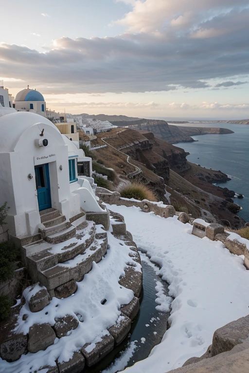 The island of Santorini is covered with a thick layer of snow 
