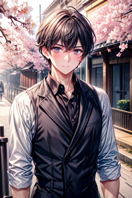 A handsome navy haired man with silver eyes is blushing underneath a cherry blossom
