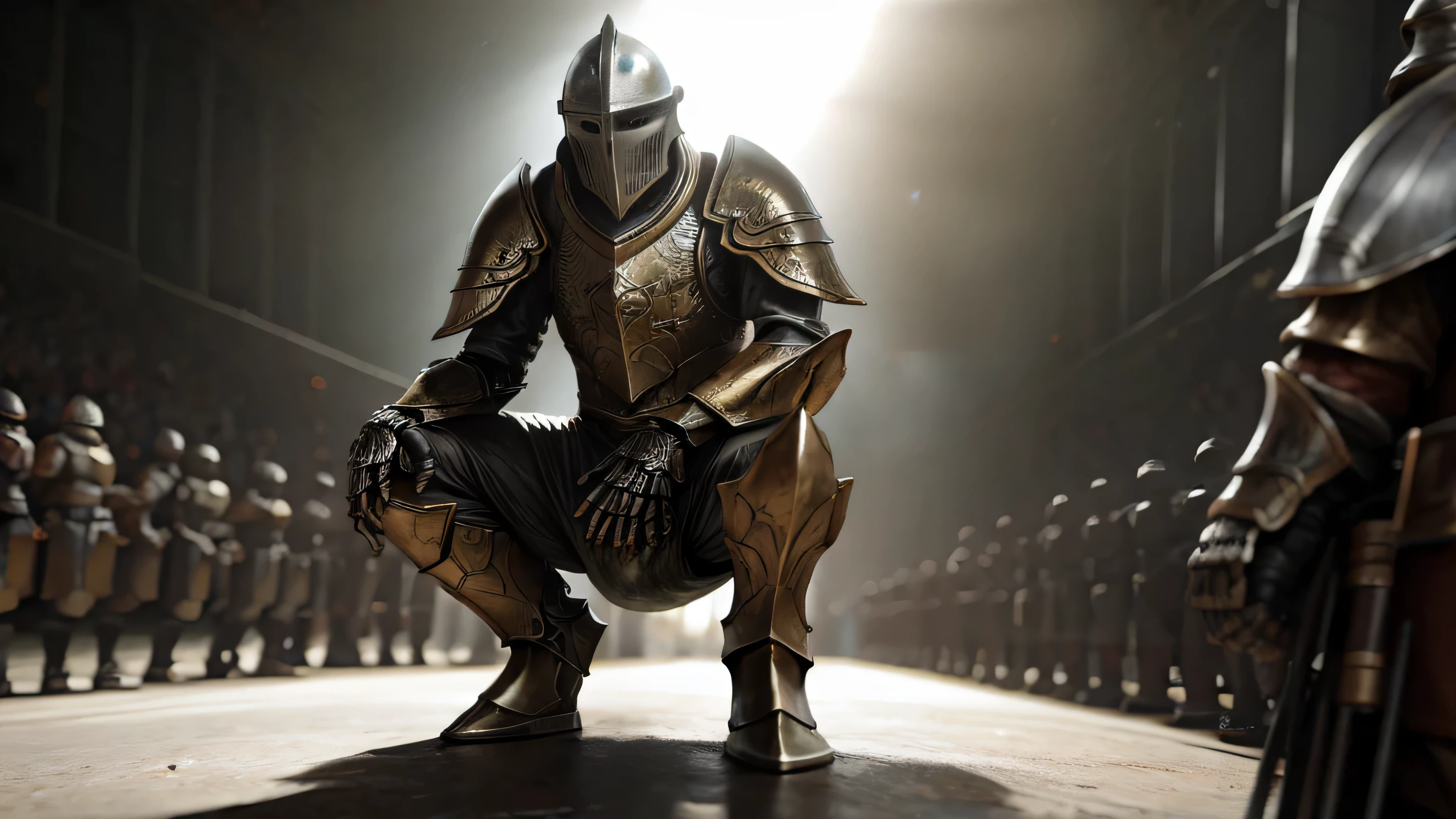 crowded medieval armory with soldiers, koda kazuma, male in intimidating Daedric armor, full body armor, ornate armor, muscular build, helmet and mask, badass paladin helmet, high detail, realistic:1.5, masterpiece, absurdres, best quality, HDR, high quality, high-definition, extremely detailed, 8k wallpaper, intricate details, 8K uhd, Full-HD, (realistic photo:1.9), harsh lighting, cinematic lighting, natural lighting, hard light, teal lighting, global illumination, ambient occlusion, depth of field, Field of View, lens flare, stunning environment, complex and intricate subject, wearing messy diaper, small diaper, pooping, squatting to poop, soiling diaper, exhibitionism, surrounded by people, people standing on either side, intimidating gauntlets, making pushies, pooping in diaper, in a crowd, looking down at ground, hanging head, grunting, subtle farting, pooping pants, straining,