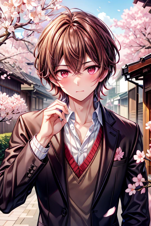 A handsome brown haired man with red eyes is blushing underneath a cherry blossom