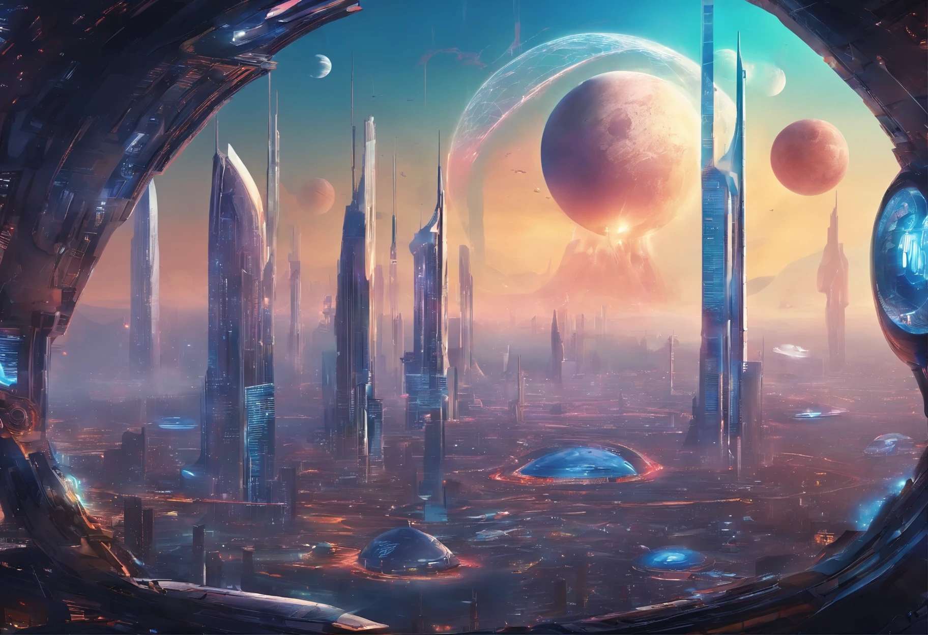 cyberpunked、Futuristic skyline with skyscrapers,超A high resolution,planet earth,SFart by,Glass skyscrapers,Space City,epcot,A world far beyond the imagination of mankind,A building that far exceeds human imagination,Constructs,dream,masterpiece,