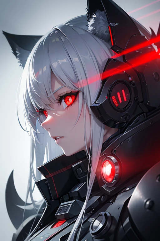 In the stark dystopian landscape, a menacing cybernetic wolf girl emerges from the shadows, a ruthless predator that strikes fear into the hearts of its prey. This captivating still, portrayed in a highly detailed digital painting, depicts the sinister creature with sleek metallic silver fur, sharp bionic fangs glistening with malevolence, and piercing red laser eyes that seem to penetrate the viewer's soul. The image is so lifelike that one can almost feel the cold, artificial breath of the predator, perfectly capturing the unsettling essence of this futuristic chilling menace.