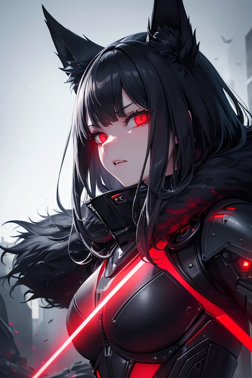 In the stark dystopian landscape, a menacing cybernetic wolf girl emerges from the shadows, a ruthless predator that strikes fear into the hearts of its prey. This captivating still, portrayed in a highly detailed digital painting, depicts the sinister creature with sleek metallic silver fur, sharp bionic fangs glistening with malevolence, and piercing red laser eyes that seem to penetrate the viewer's soul. The image is so lifelike that one can almost feel the cold, artificial breath of the predator, perfectly capturing the unsettling essence of this futuristic chilling menace.