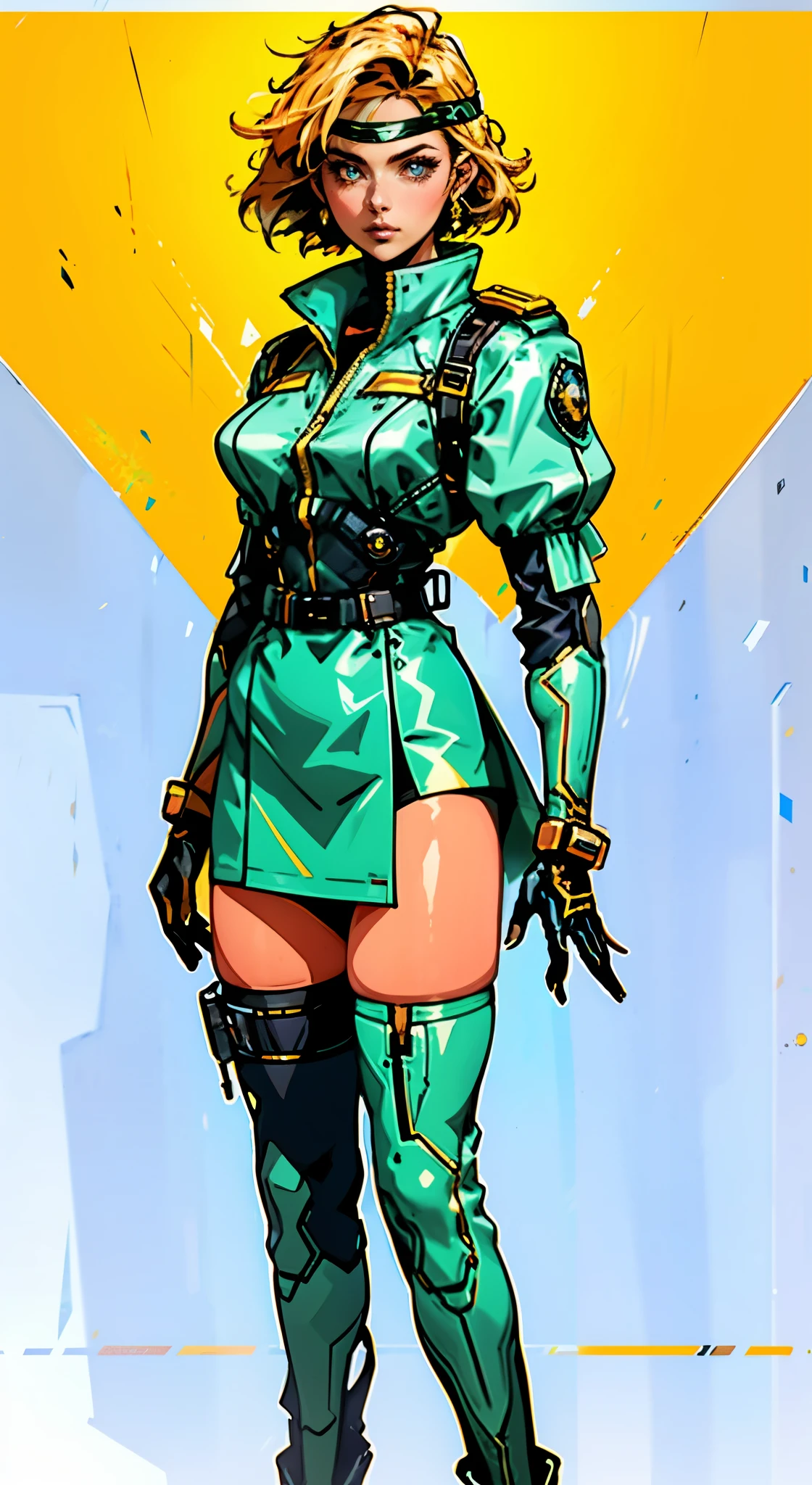 A girl with short light golden hair, a metal headband on her forehead, an icy gaze, a detached expression, a smooth and exquisite facial appearance, a sci-fi military uniform, white as the main color, complemented by blue and yellow accents, short sleeves, gloves, short skirt integrated with the outfit, dark fitted pants, knee-high military boots, standing in a futuristic sci-fi-styled room, Surrounded by AR virtual interfaces, this character embodies a finely crafted a futuristic sci-fi female officer in anime style, exquisite and mature manga art style, high definition, best quality, highres, ultra-detailed, ultra-fine painting, extremely delicate, professional, anatomically correct, symmetrical face, extremely detailed eyes and face, high quality eyes, creativity, RAW photo, UHD, 8k, Natural light, cinematic lighting, masterpiece-anatomy-perfect, masterpiece:1.5